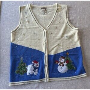 Vintage Cute White Stag Polar Bear Snowman Vest Ugly Christmas‎ Sweater Size XL